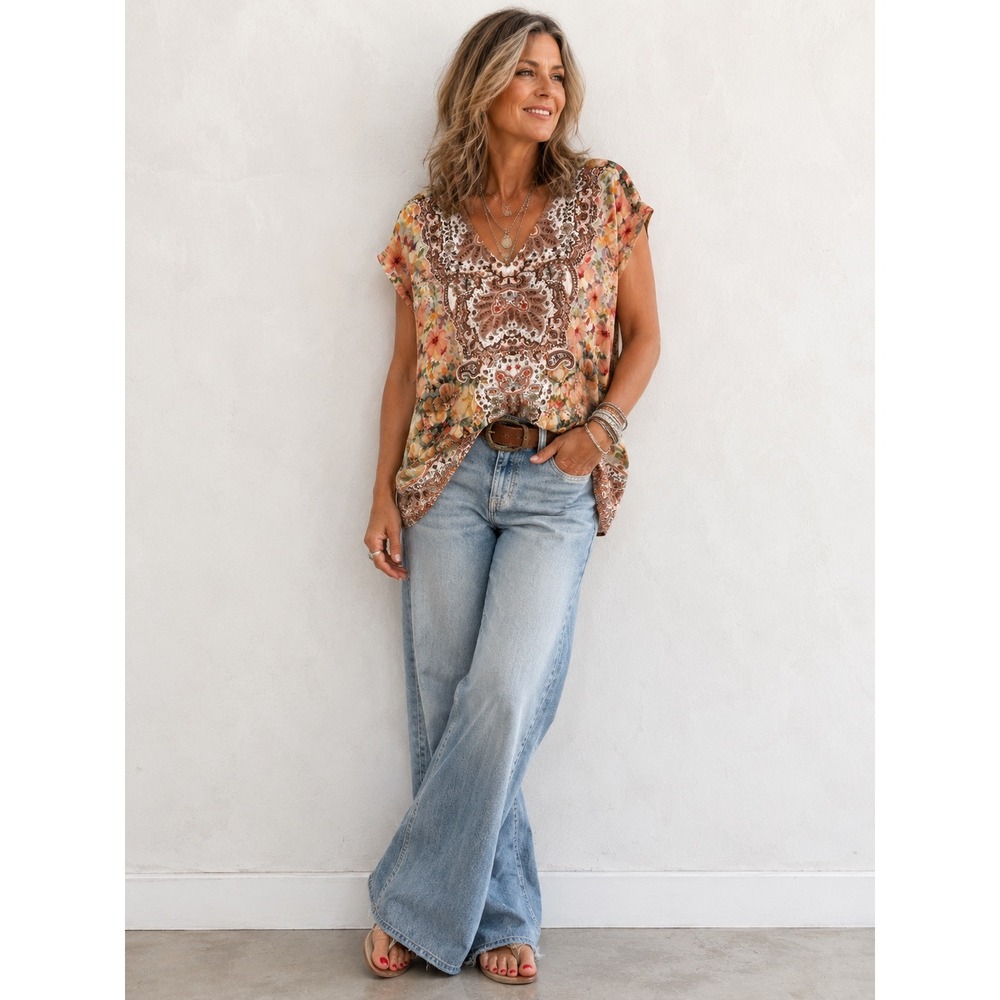 Soft Surroundings Patria Tunic 1X Golden‎ Floral Beaded V-Neck Rayon Top NEW